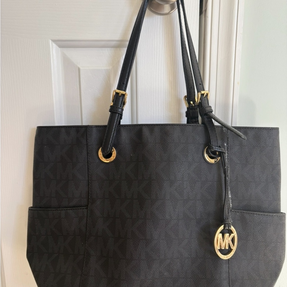 Michael Kors Black Signature MK Tote with Gold Hardware